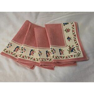 VTG Linen Pink Fabric Napkins With Floral Animals Couples Set Of 4 Cottagecore